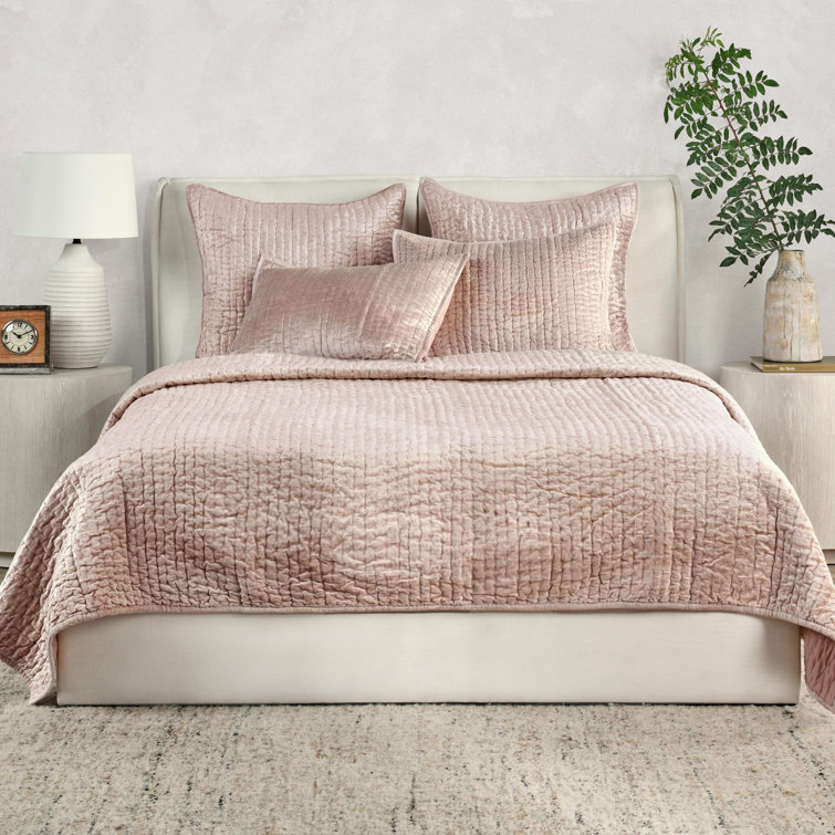 Bliss Pink Velvet King Quilt Set with Cotton Sateen Back