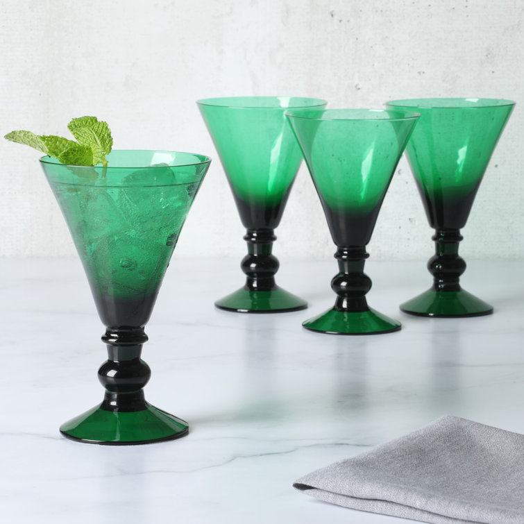 Jade Green Handcrafted Glass Martini Goblets, Set of 4