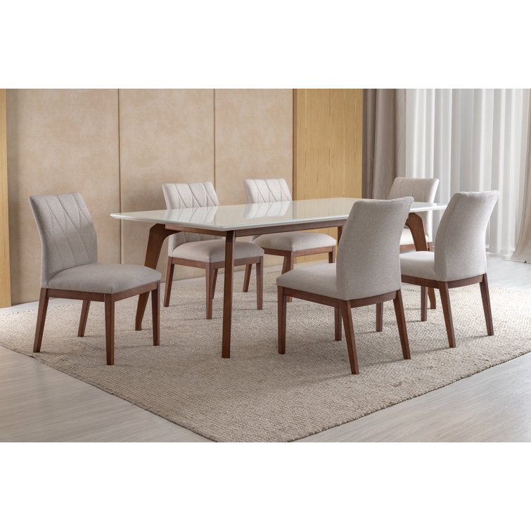 Rectangular Off-White Glass Top Dining Table with Nogal Wood Base