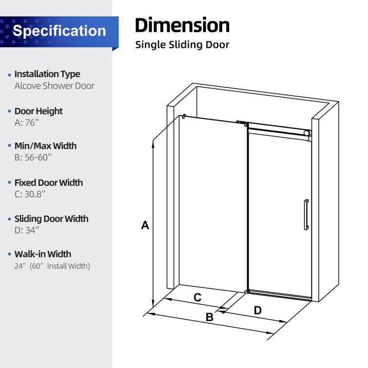 60'' x 76'' Frameless Sliding Shower Door in Brushed Nickel with Tempered Glass