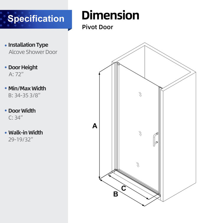 Black Semi-Frameless Tempered Glass Shower Door 34'' x 72''