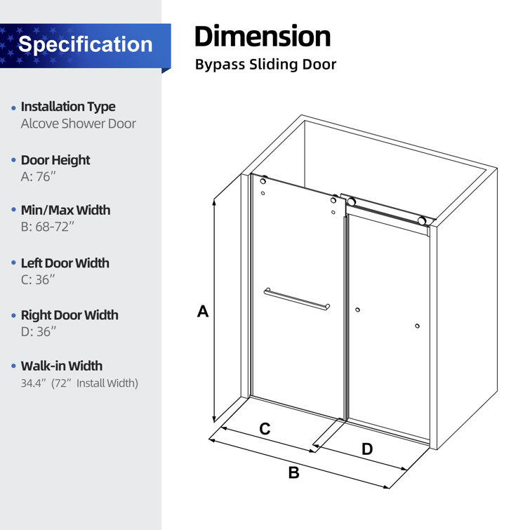 Brushed Nickel Frameless Sliding Shower Door with Tempered Glass