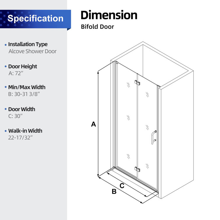 Matte Black Semi-Frameless Bi-Fold Shower Door, 30'' x 72''