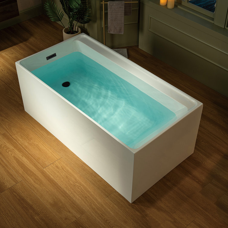 59-Inch White Acrylic Rectangular Freestanding Soaking Bathtub