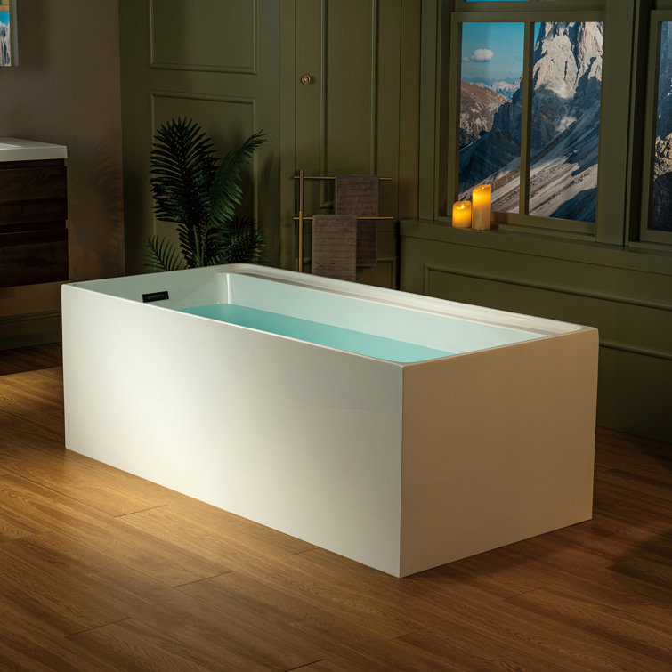 59-Inch White Acrylic Rectangular Freestanding Soaking Bathtub
