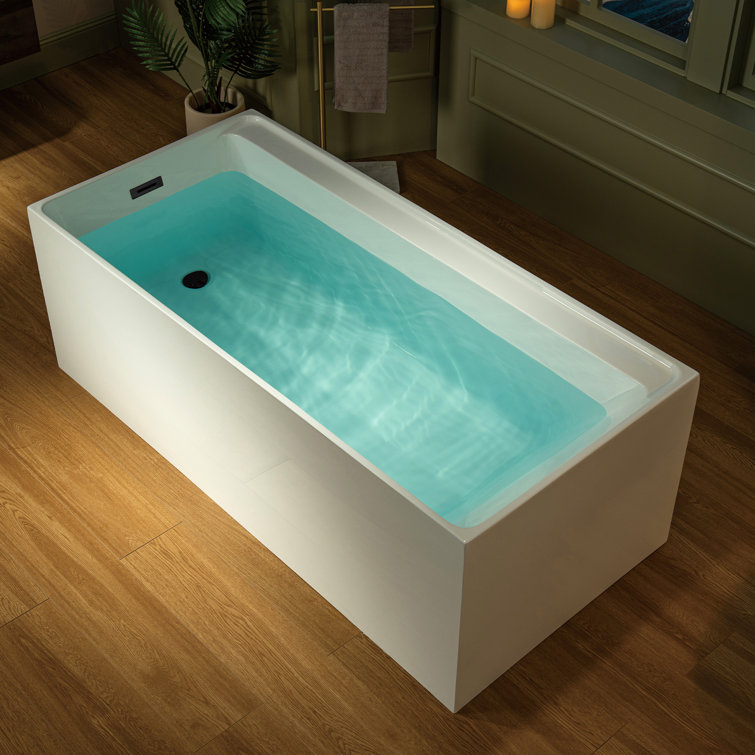 59-Inch White Acrylic Rectangular Freestanding Soaking Bathtub