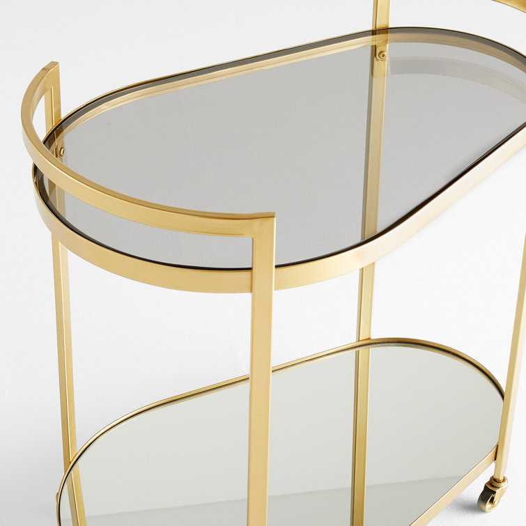 Gold Two-Tier Mirrored Glass Bar Cart with Wheels