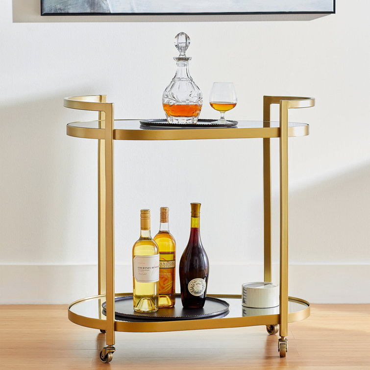 Gold Two-Tier Mirrored Glass Bar Cart with Wheels