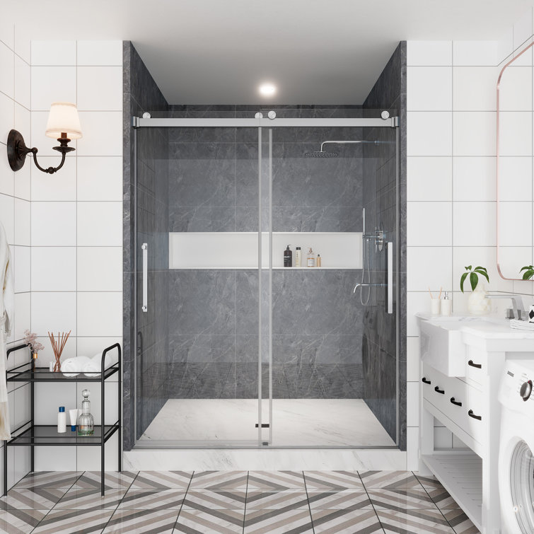60" x 76" Frameless Brushed Nickel Double Sliding Shower Door