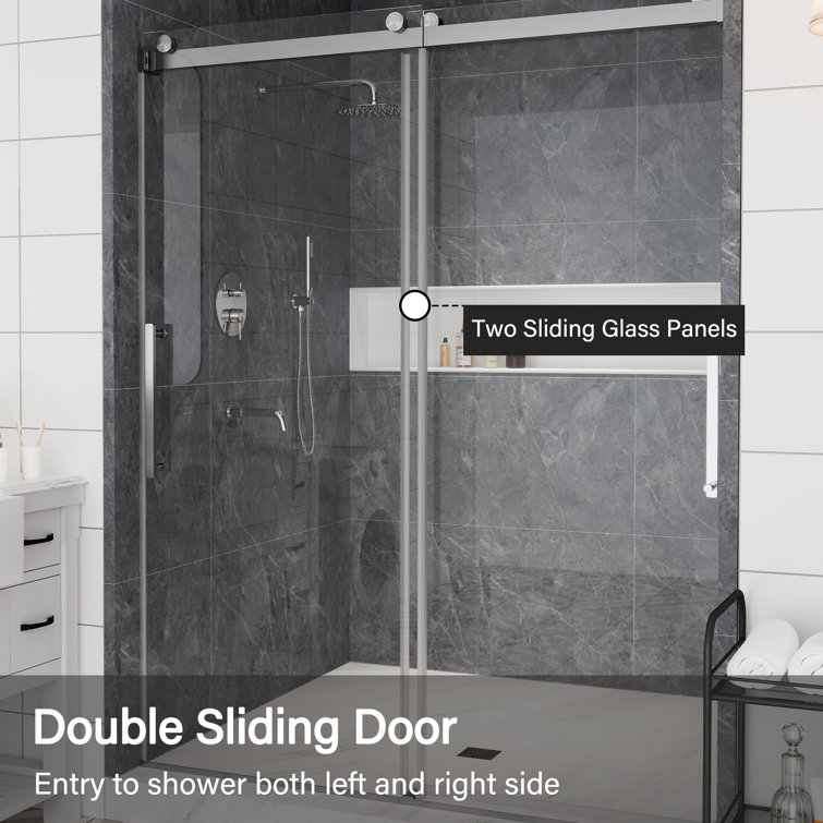 60" x 76" Frameless Brushed Nickel Double Sliding Shower Door