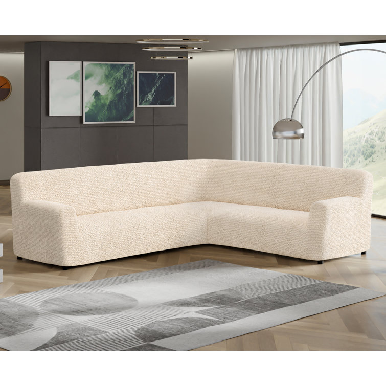 Cream Stretch Polyester Corner Sofa Slipcover