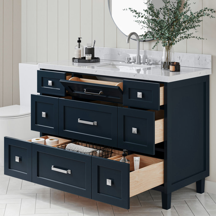Midnight Blue Freestanding Single Sink Vanity with Carrara Quartz Top