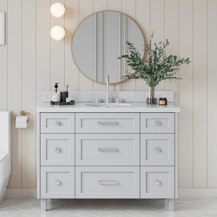 Gray Solid Wood Single Sink Bathroom Vanity with Carrara Marble Top