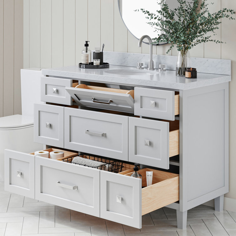 Gray Solid Wood Single Sink Bathroom Vanity with Carrara Marble Top