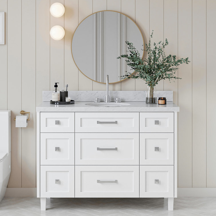White Solid Wood Single Sink Bathroom Vanity with Marble Top
