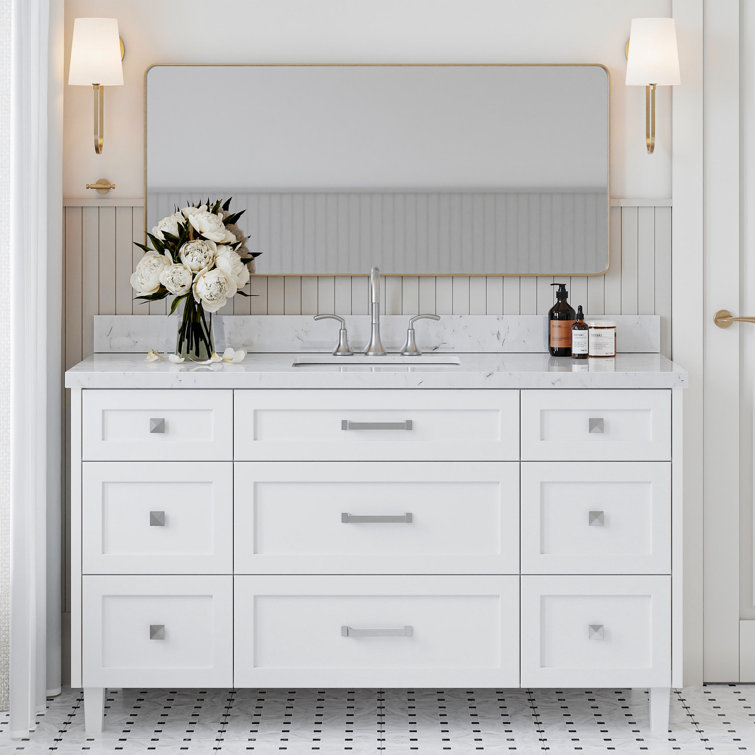 Monroe 60" White Single Sink Bathroom Vanity with Carrara Quartz Top
