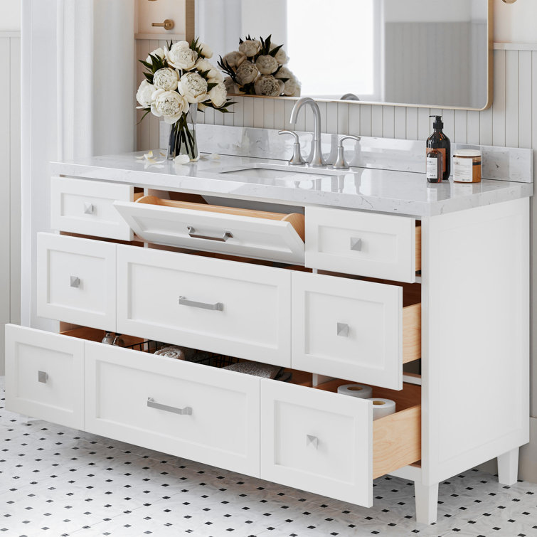 Monroe 60" White Single Sink Bathroom Vanity with Carrara Quartz Top
