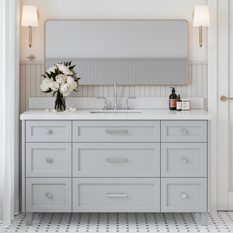 Gray Solid Wood Freestanding Bathroom Vanity with Marble Top