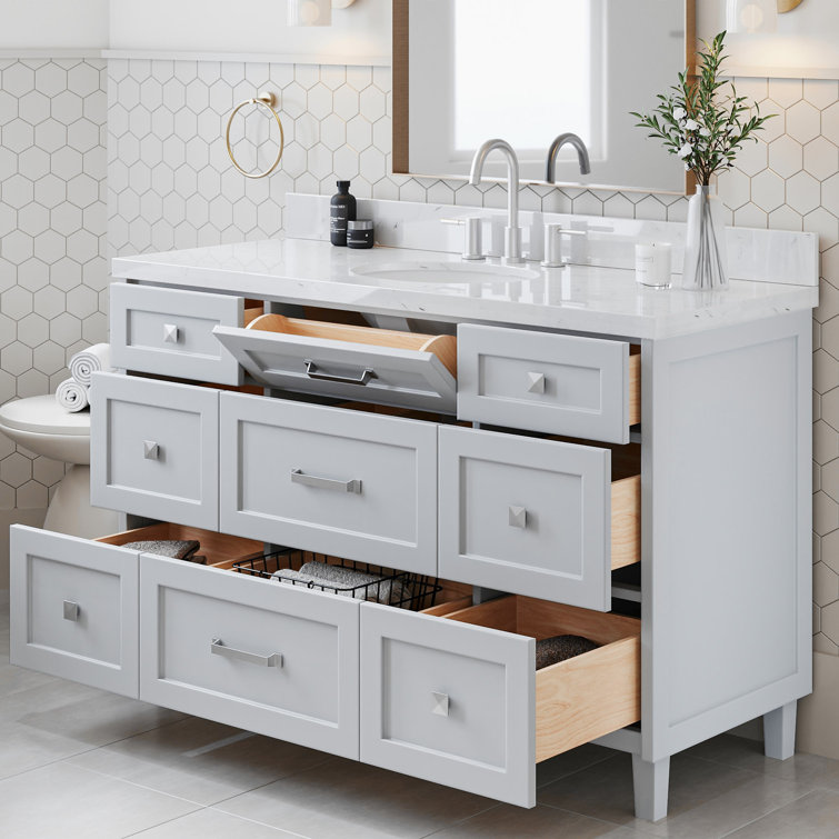 Gray Solid Wood Single Sink Bathroom Vanity with Carrara Quartz Top