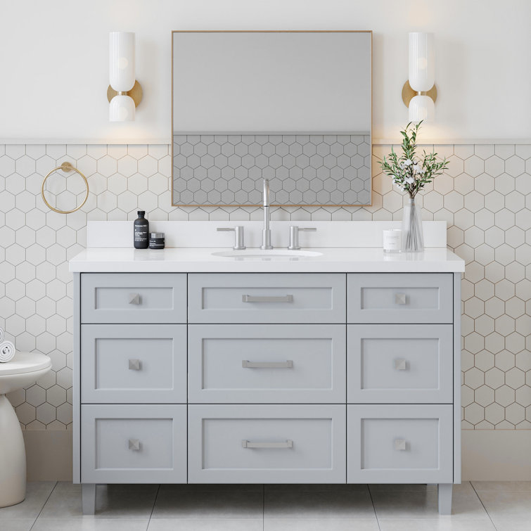 Gray Freestanding Single Sink Bathroom Vanity with Quartz Top