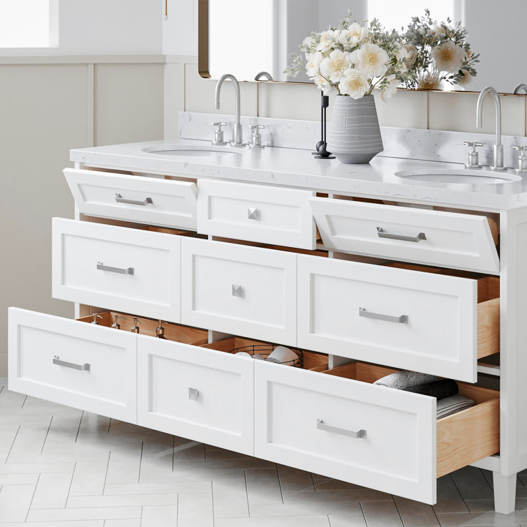 White Double Sink Bathroom Vanity with Carrara Quartz Top