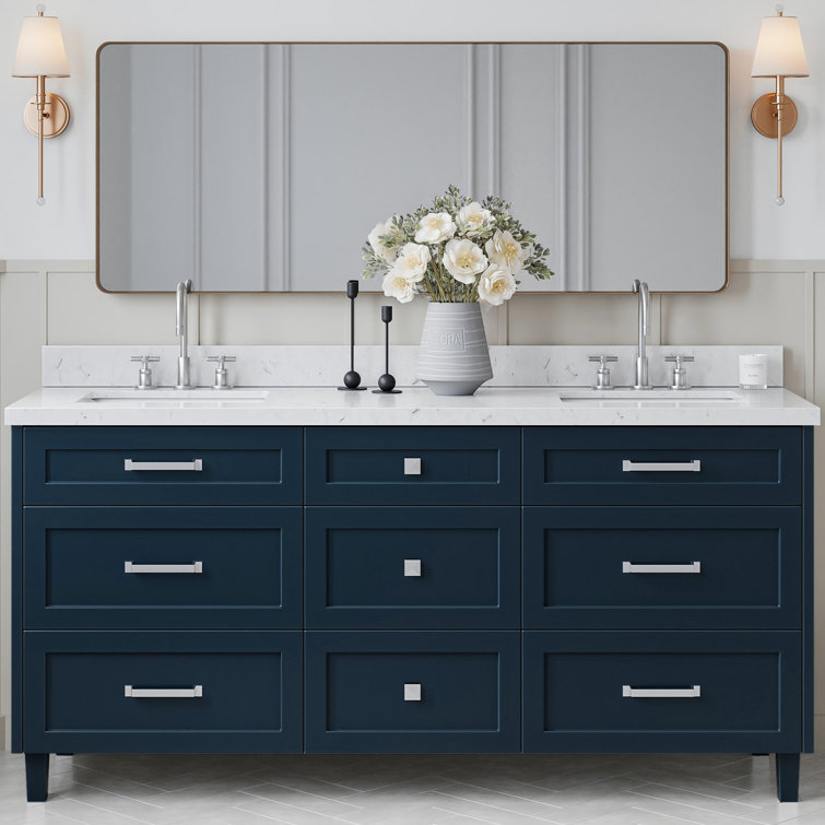 Midnight Blue Double Sink Freestanding Vanity with Carrara Quartz Top