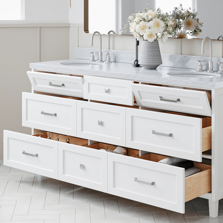 White Double Sink Bathroom Vanity with Carrara Marble Top