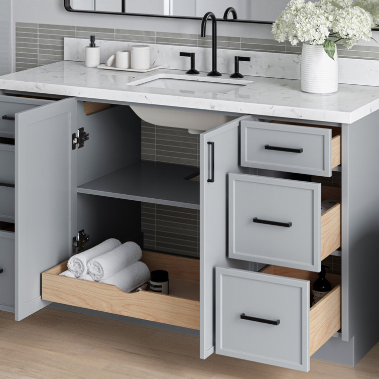 Gray Solid Wood Single Sink Bathroom Vanity with Carrara Quartz Top