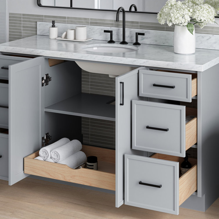 Gray Solid Wood Freestanding Single Sink Bathroom Vanity with Marble Top