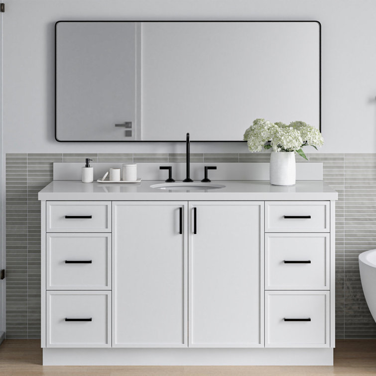 White Solid Wood and Quartz Single Sink Bathroom Vanity, 61 inches