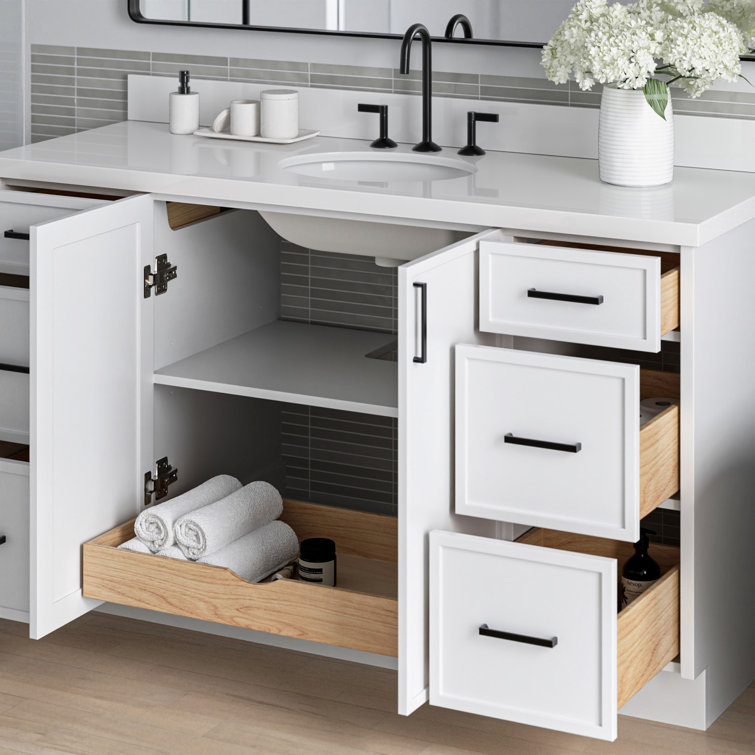 White Solid Wood and Quartz Single Sink Bathroom Vanity, 61 inches