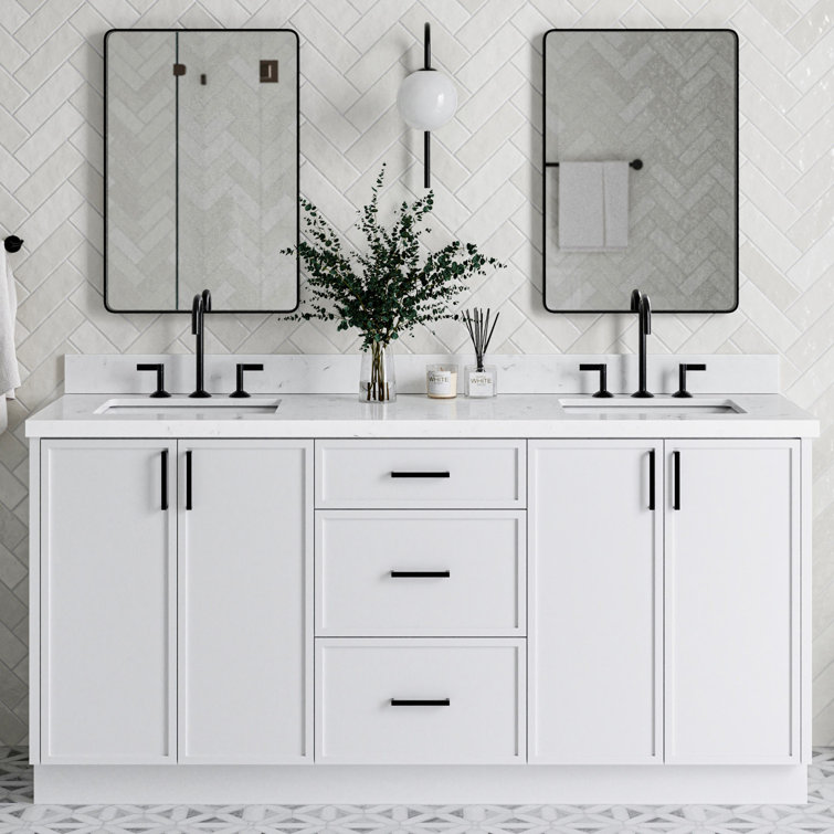 White Solid Wood Double Sink Bathroom Vanity with Carrara Quartz Top