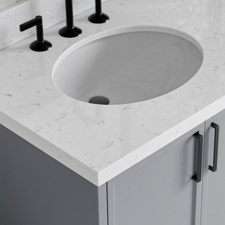 Gray Solid Wood Double Sink Bathroom Vanity with Carrara Quartz Top