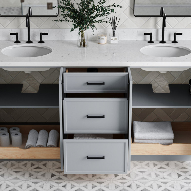 Gray Solid Wood Double Sink Bathroom Vanity with Carrara Quartz Top
