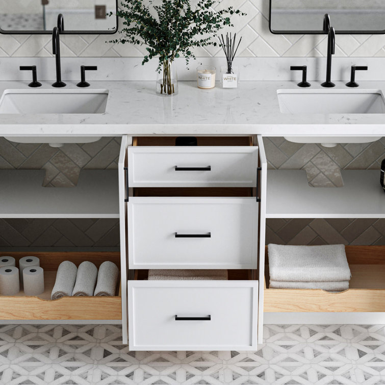White Solid Wood Double Sink Bathroom Vanity with Carrara Quartz Top