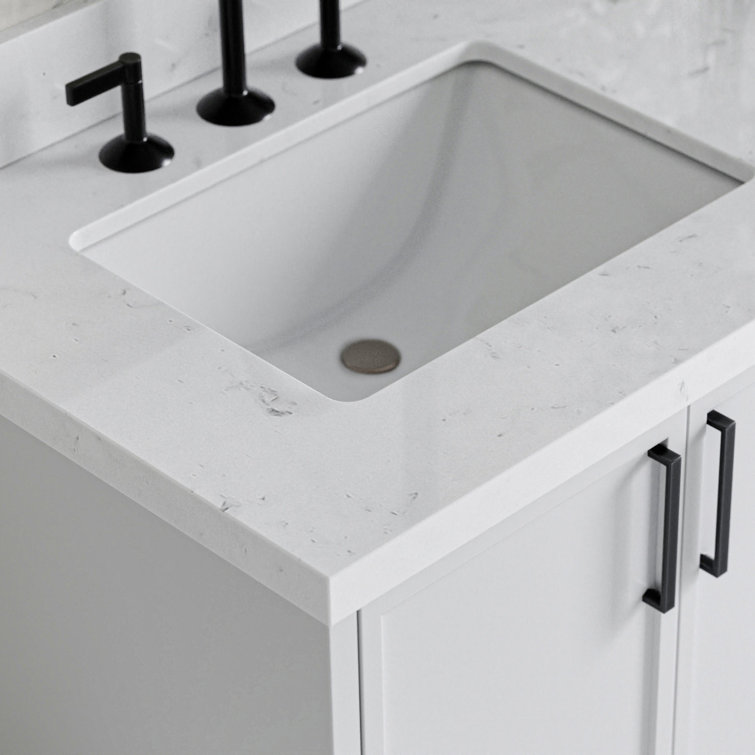 White Solid Wood Double Sink Bathroom Vanity with Carrara Quartz Top