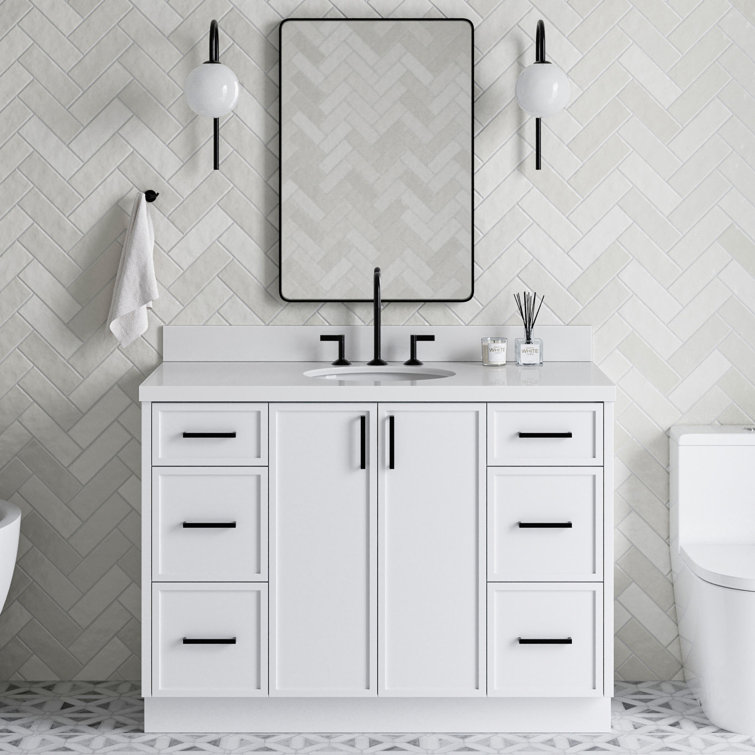 White Solid Wood Single Sink Bathroom Vanity with Quartz Top
