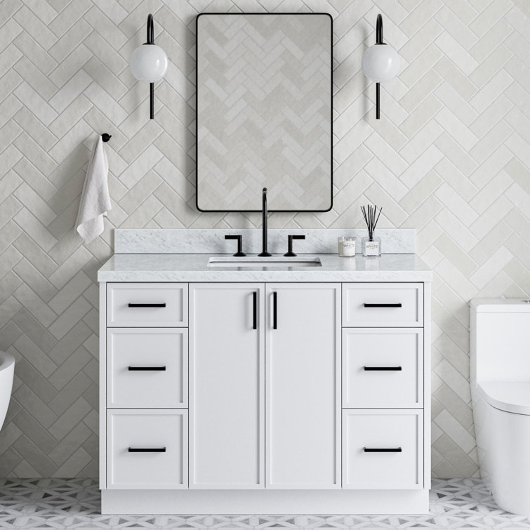 White Marble Top Single Sink Bathroom Vanity with Solid Wood Base