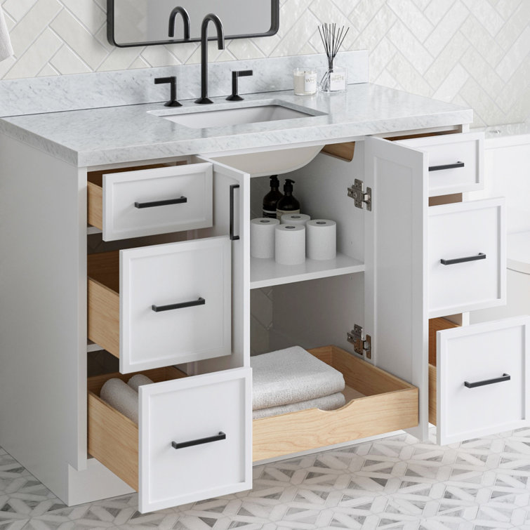 White Marble Top Single Sink Bathroom Vanity with Solid Wood Base