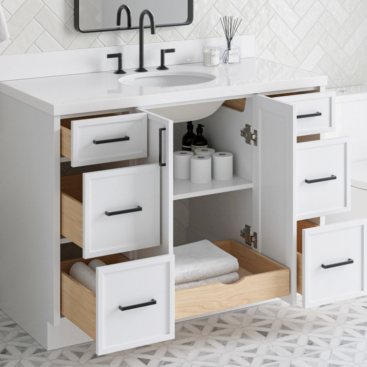 White Solid Wood Single Sink Bathroom Vanity with Quartz Top