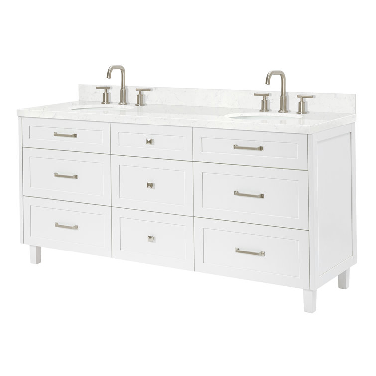 White Double Sink Bathroom Vanity with Carrara Quartz Top