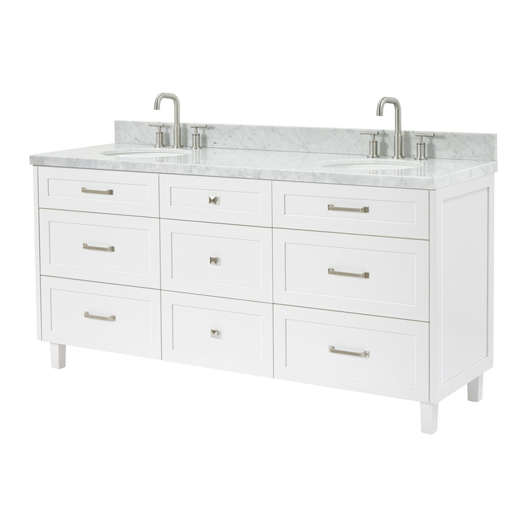 White Double Sink Bathroom Vanity with Carrara Marble Top