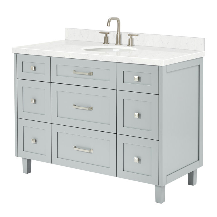 Gray Solid Wood Single Sink Bathroom Vanity with Carrara Quartz Top