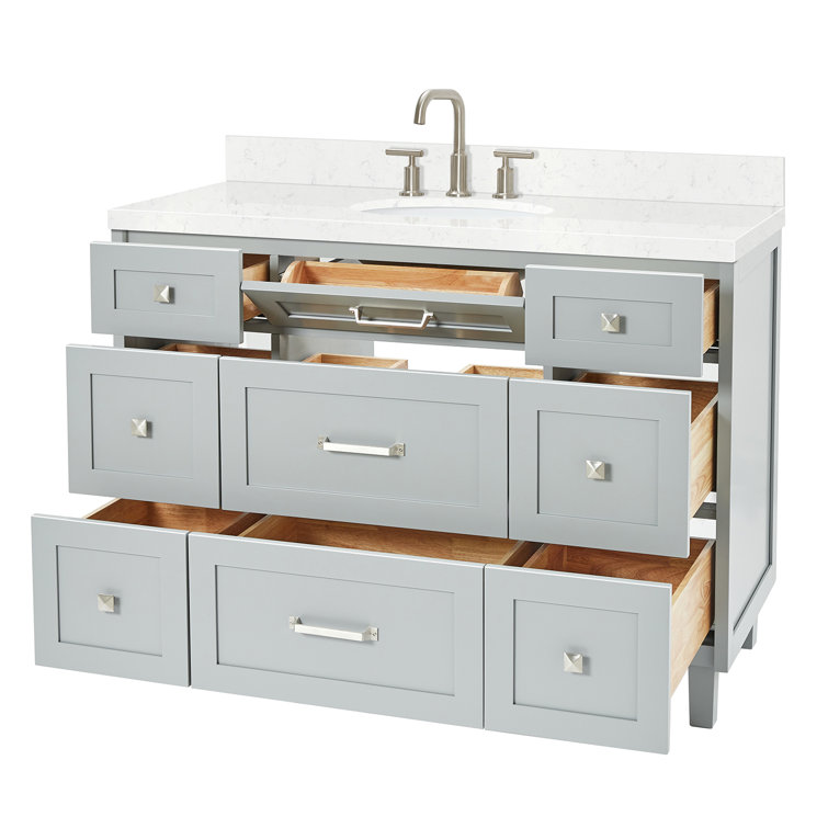 Gray Solid Wood Single Sink Bathroom Vanity with Carrara Quartz Top
