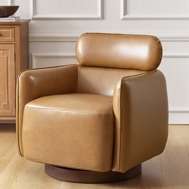 Camel Genuine Leather Swivel Barrel Chair with Adjustable Headrest