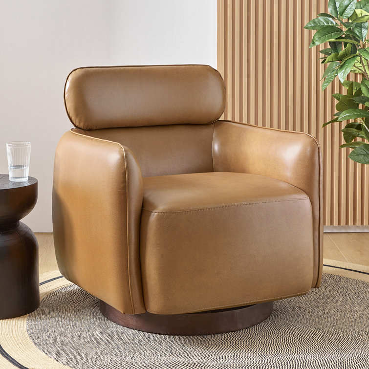 Camel Genuine Leather Swivel Barrel Chair with Adjustable Headrest