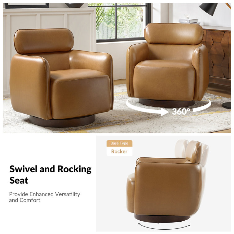 Camel Genuine Leather Swivel Barrel Chair with Adjustable Headrest