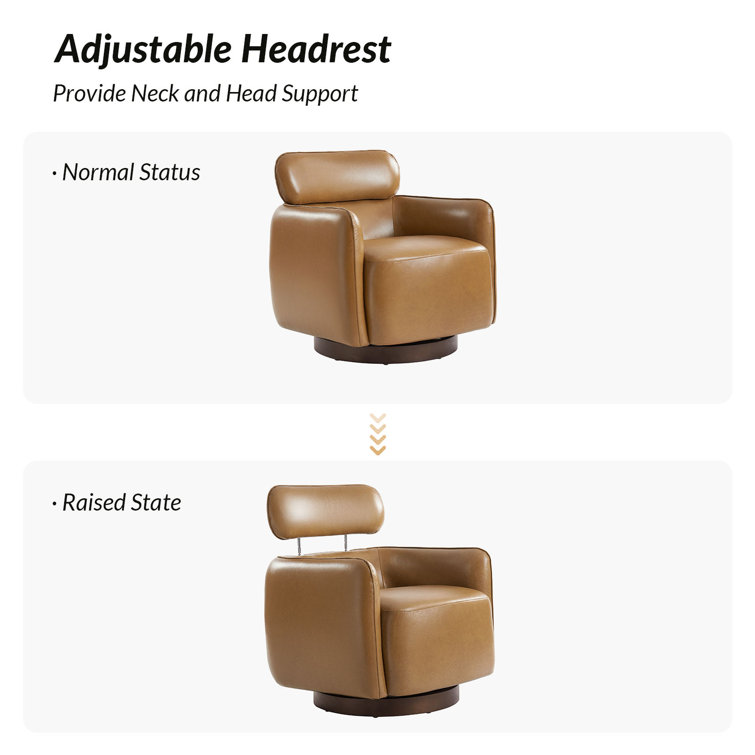 Camel Genuine Leather Swivel Barrel Chair with Adjustable Headrest