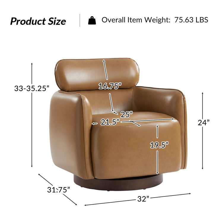 Camel Genuine Leather Swivel Barrel Chair with Adjustable Headrest