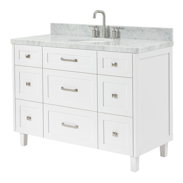 White Solid Wood Single Sink Bathroom Vanity with Marble Top